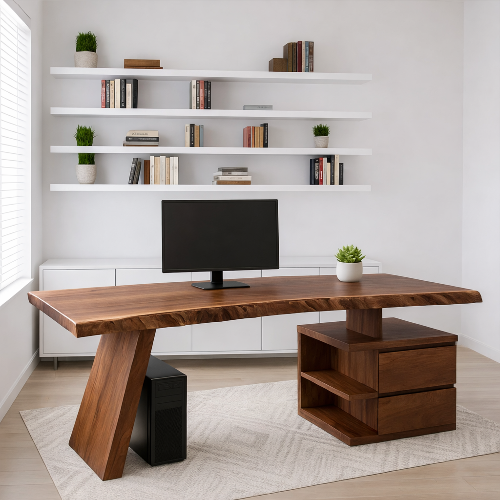 Live Edge Office Desk with Drawer Storage Modern Writing Computer Desk Solid Design