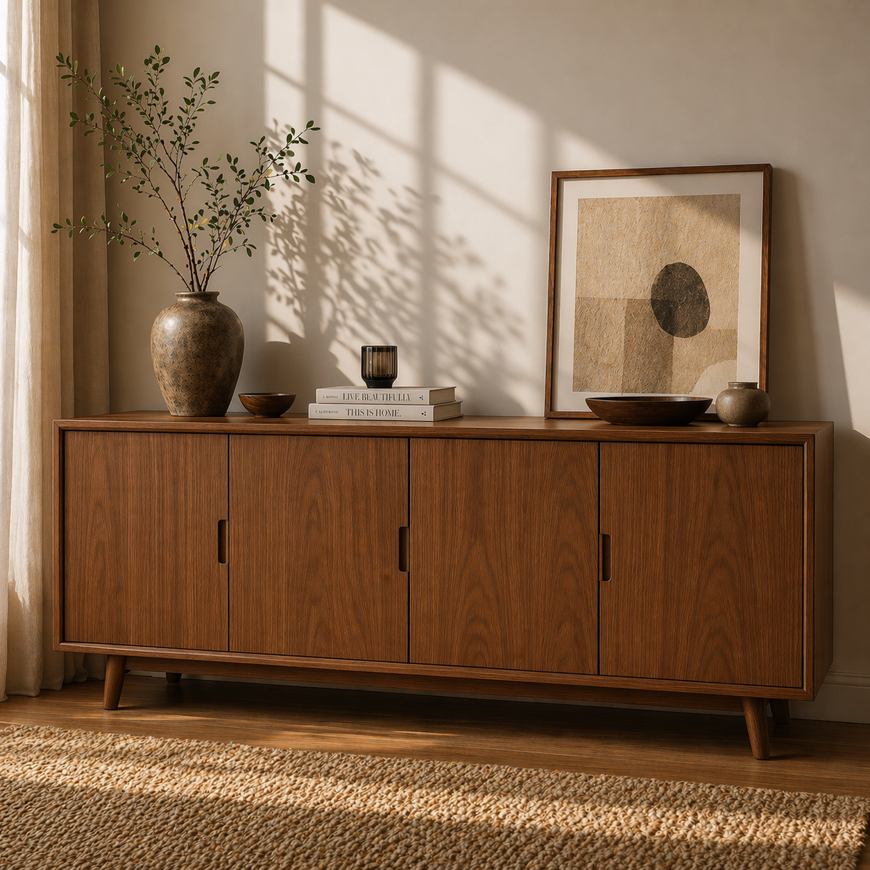 Modern Solid Wood Sideboard Cabinet with 4 Doors – Minimalist Storage Credenza