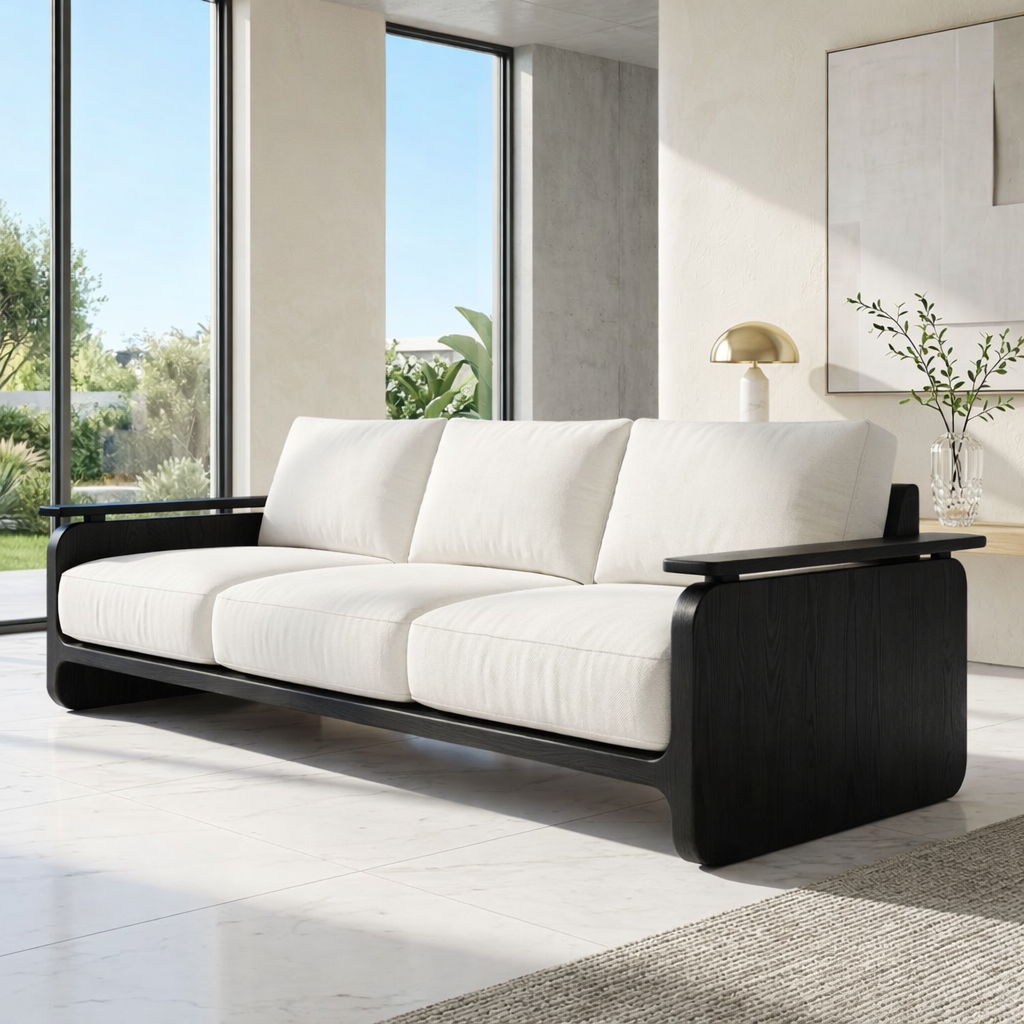 Modern Solid Wood Sofa with White Fabric Cushions Minimalist Japandi Living Room Couch