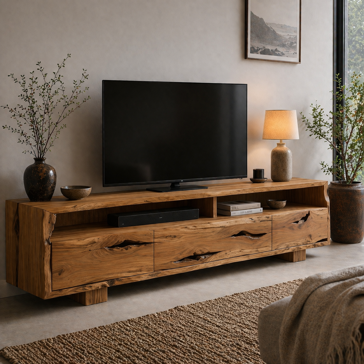 Solid Wood Media Console with Live Edge, Rustic Modern TV Stand with Storage