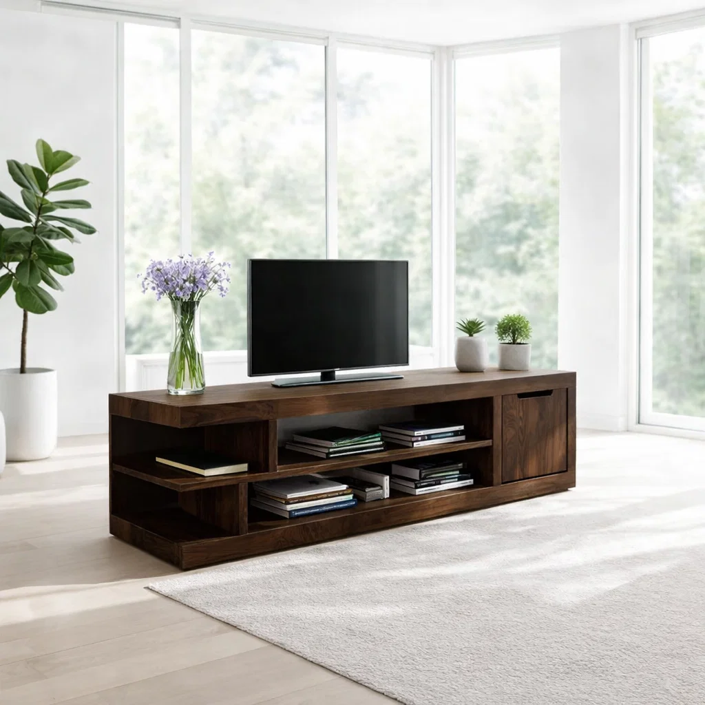 Solid Wood Media Console with Open Shelves & Cabinet, Modern TV Stand