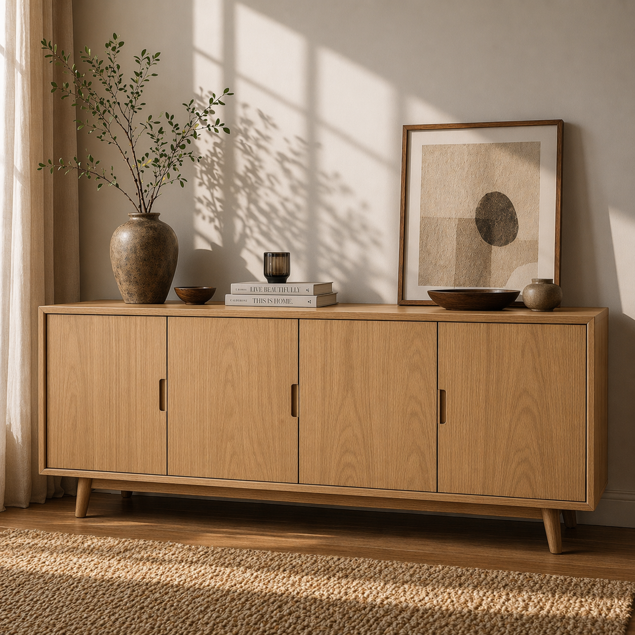 Modern Solid Wood Sideboard Cabinet with 4 Doors – Minimalist Storage Credenza