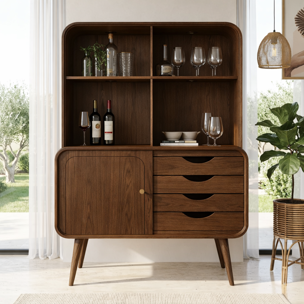 Modern Wine Cabinet with Open Shelves, Drawers and Concealed Storage Door