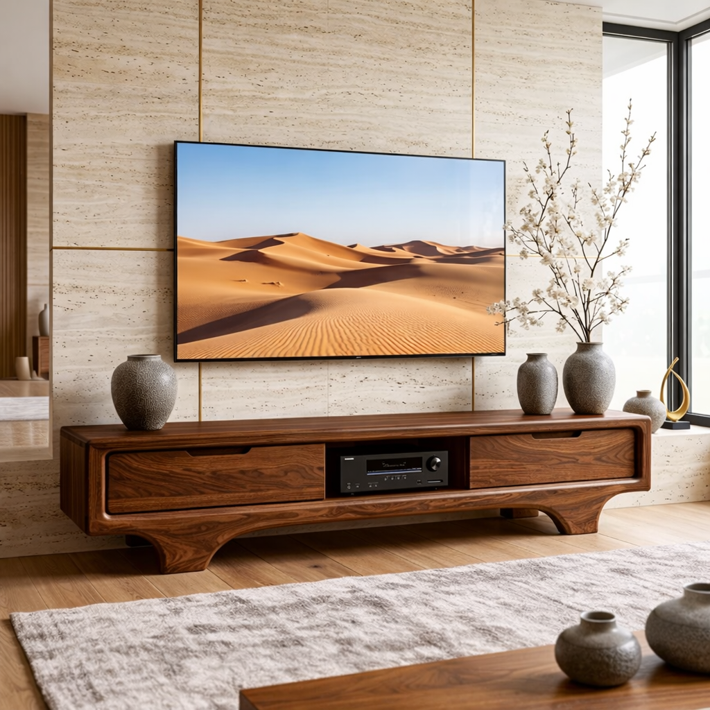 Solid Wood TV Stand with Drawers, Low Profile Modern Media Console Cabinet