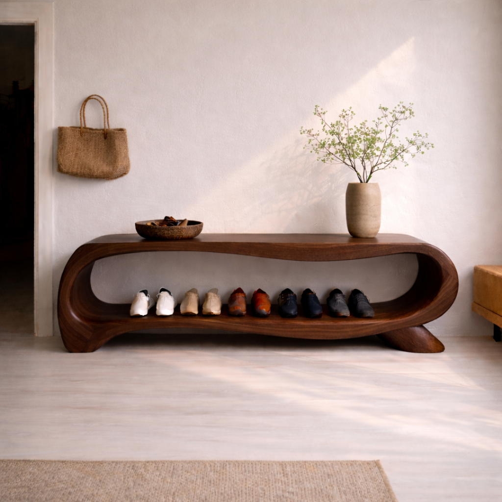Modern Solid Wood Entryway Bench with Shoe Storage Shelf – Curved Wooden Shoe Rack Bench