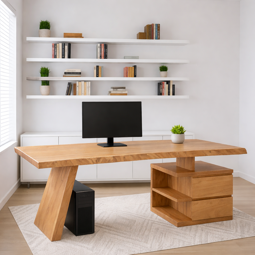 Live Edge Office Desk with Drawer Storage Modern Writing Computer Desk Solid Design
