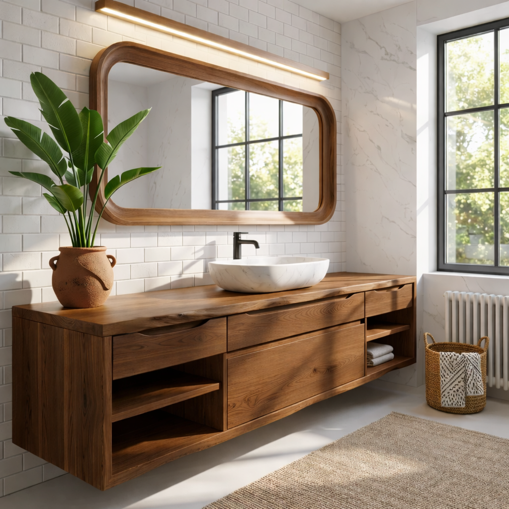 Oak Floating Vanity with Modern Design, Spacious Storage, and Sleek Marble Basin