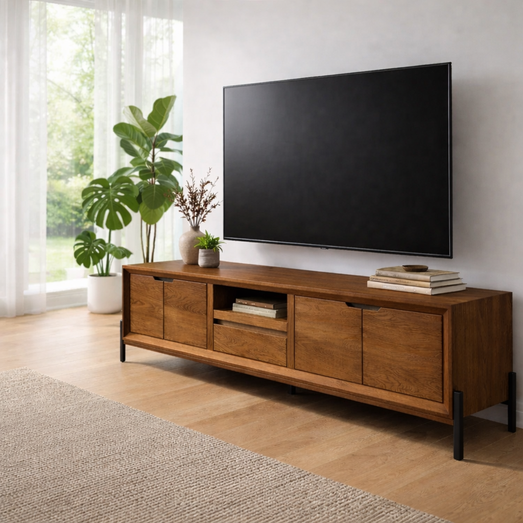Solid Wood TV Console with Cabinets & Open Shelf – Modern Media Stand
