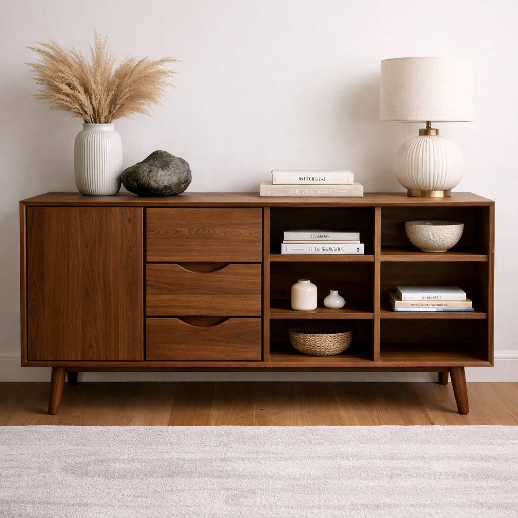 Modern Console Cabinet with Drawers, Door and Display Shelves