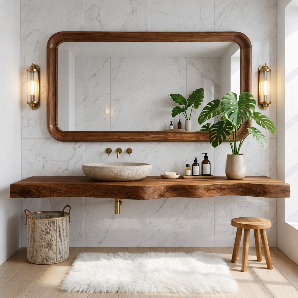 Floating Vanity with Natural Wood, Open Shelf, and Stone Basin Sink
