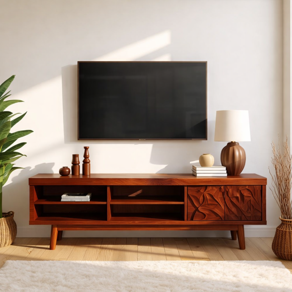 Mid Century Solid Wood TV Stand Carved Media Console Modern Entertainment Center Cabinet