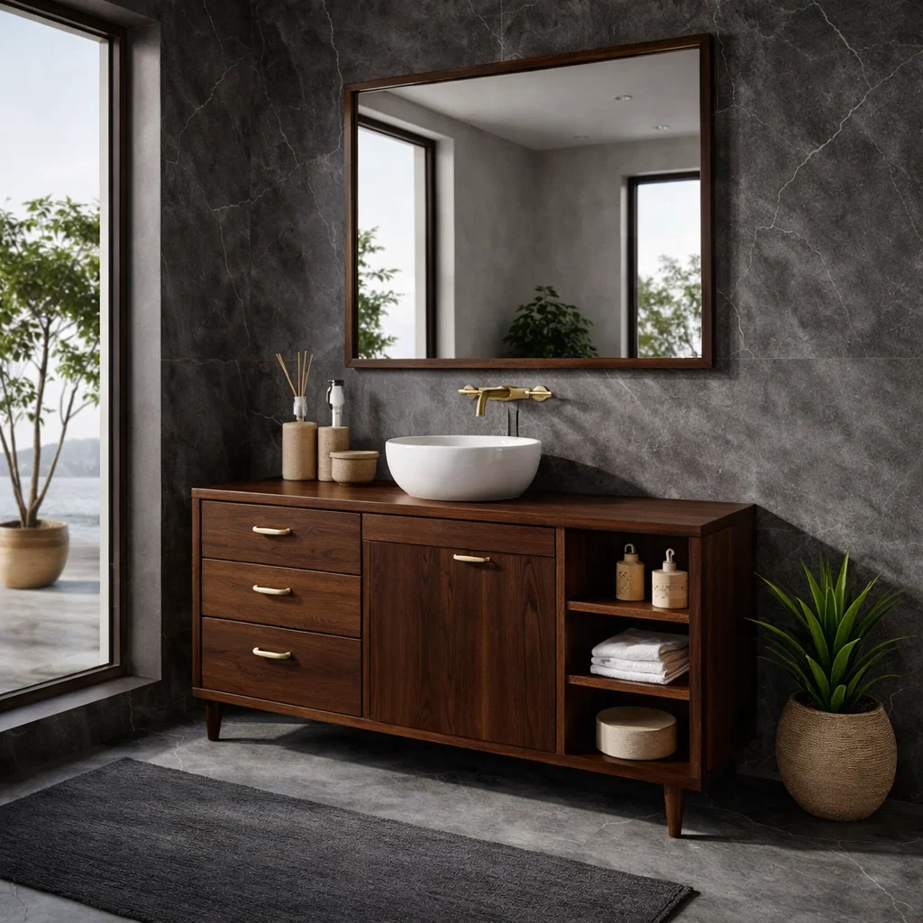 Solid Wood Bathroom Vanity with Drawers, Cabinet & Open Shelf β Mid Century Walnut Vanity