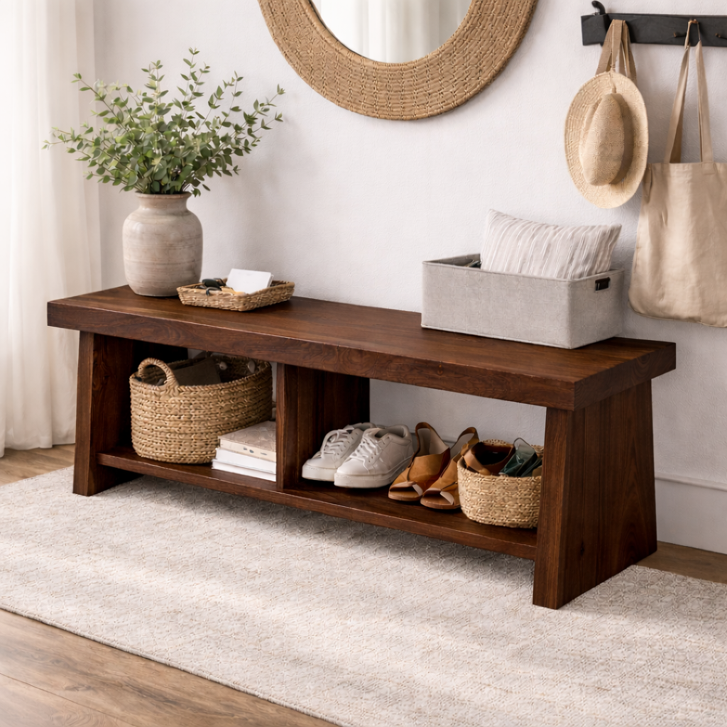 Solid Wood Entryway Bench with Storage | Rustic Hallway Bench with Open Shelves