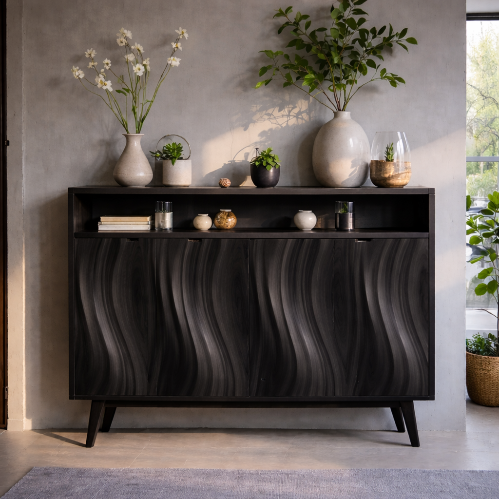 Modern Solid Wood Console Cabinet with Open Shelf and Sculpted Wood Doors