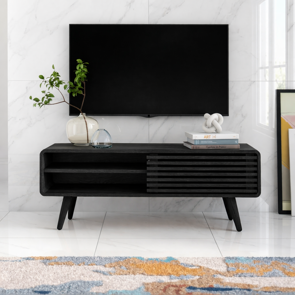 Modern Solid Wood TV Stand with Slatted Door Open Shelf Mid Century Media Console