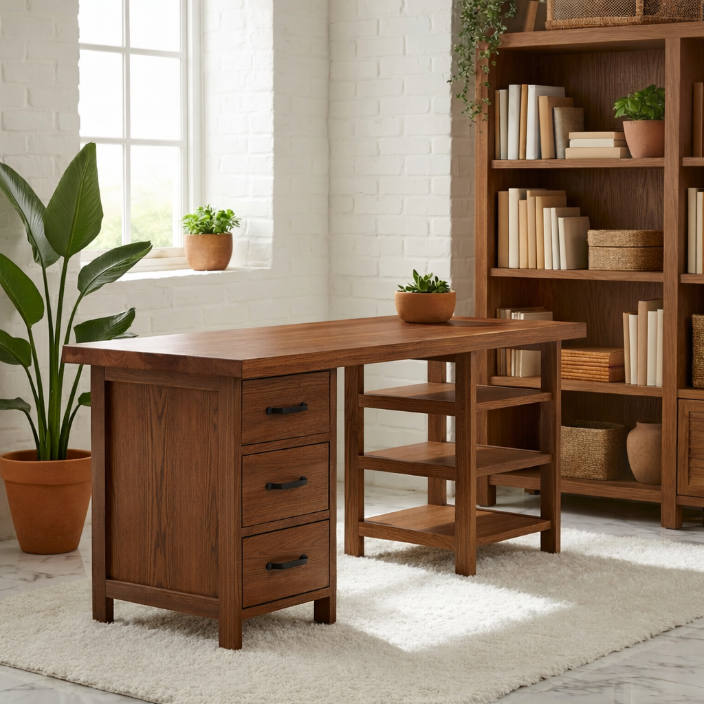 Modern Work Desk with Drawers and Open Shelving Home Office Minimal Storage Desk