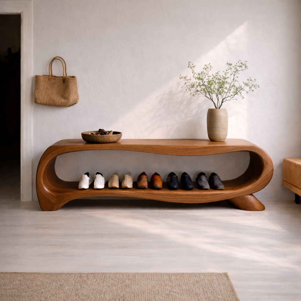 Modern Solid Wood Entryway Bench with Shoe Storage Shelf – Curved Wooden Shoe Rack Bench
