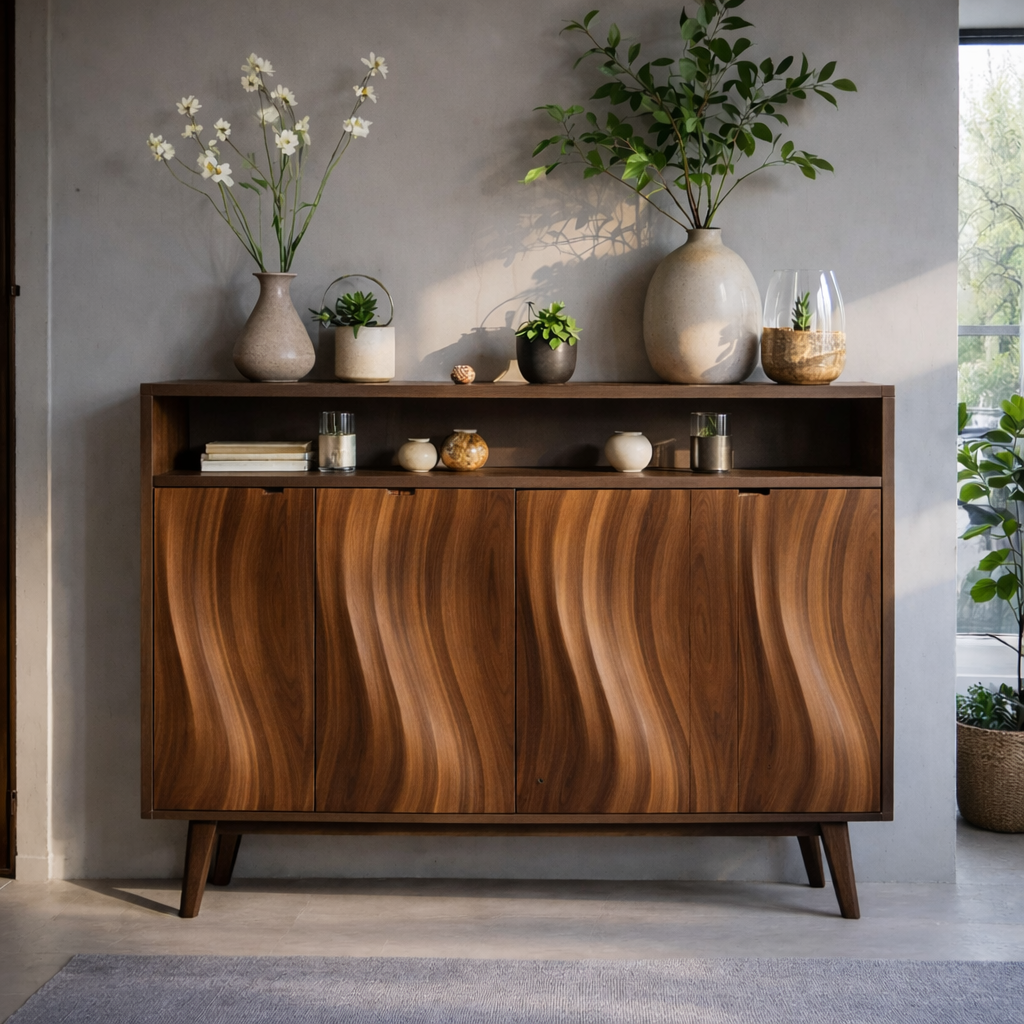 Modern Solid Wood Console Cabinet with Open Shelf and Sculpted Wood Doors