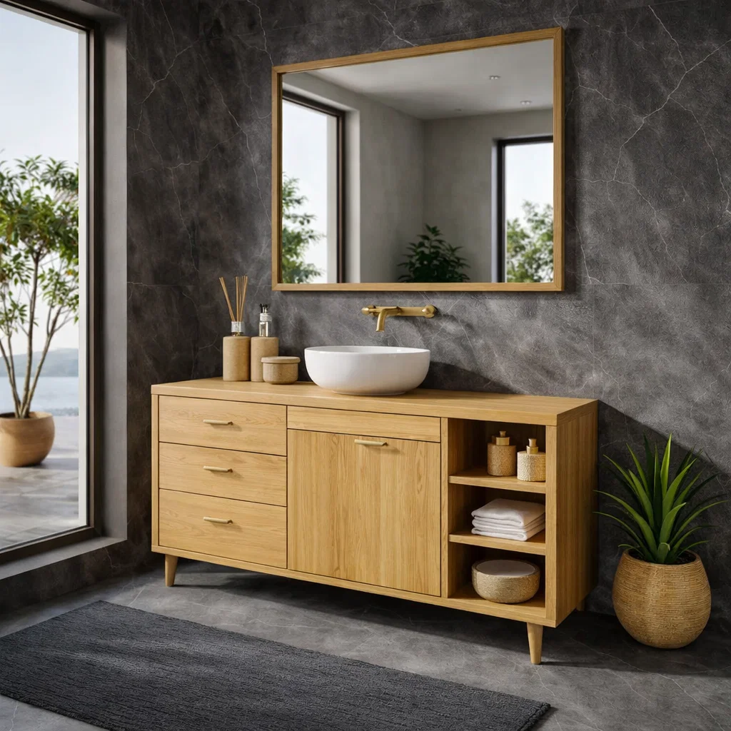 Solid Wood Bathroom Vanity with Drawers, Cabinet & Open Shelf β Mid Century Walnut Vanity