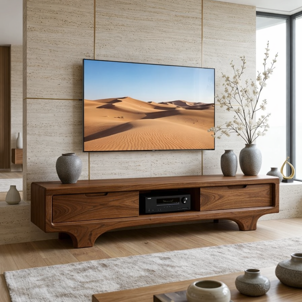 Solid Wood TV Stand with Drawers, Low Profile Modern Media Console Cabinet