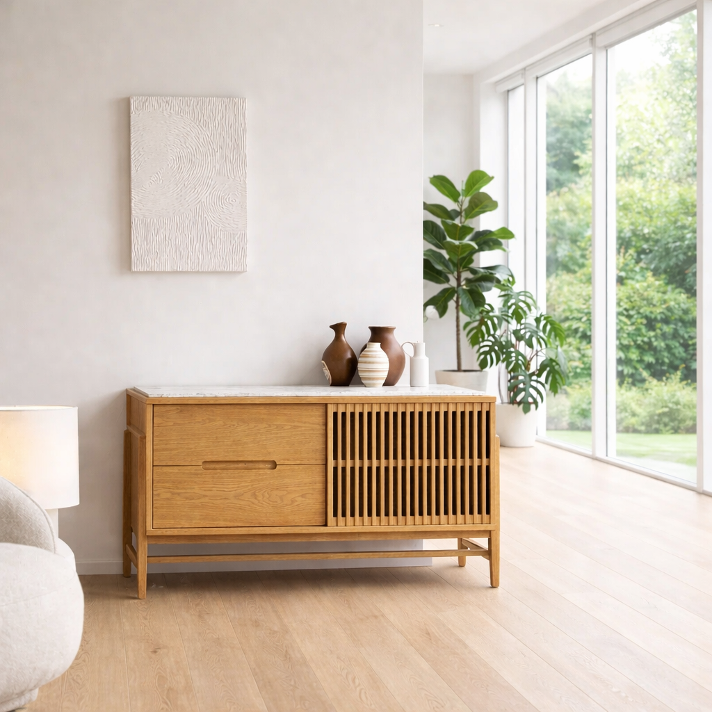 Modern Sideboard Cabinet with Slatted Door and Drawer – Minimal Storage Console
