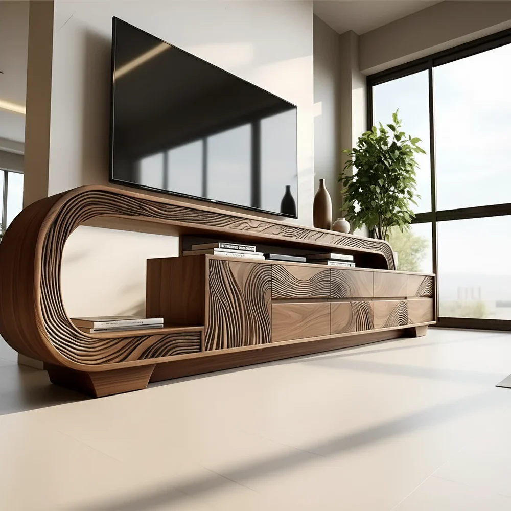 Solid Wood TV Stand Modern Walnut Media Console with Sculptural Curve Design