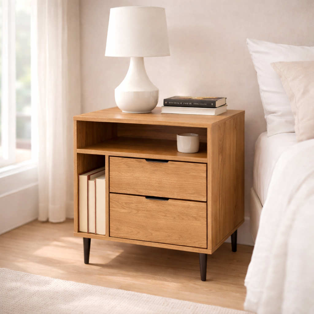 Solid Wood Nightstand with 2 Drawers & Shelf – Modern Bedside Table Storage