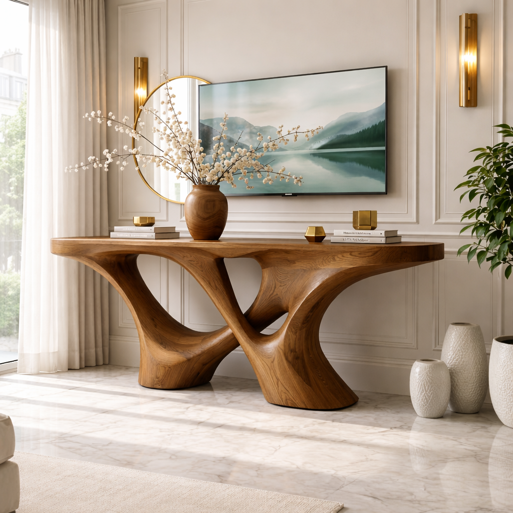 Solid Wood Console Table with Sculpted Curved Base, Artistic Modern Design