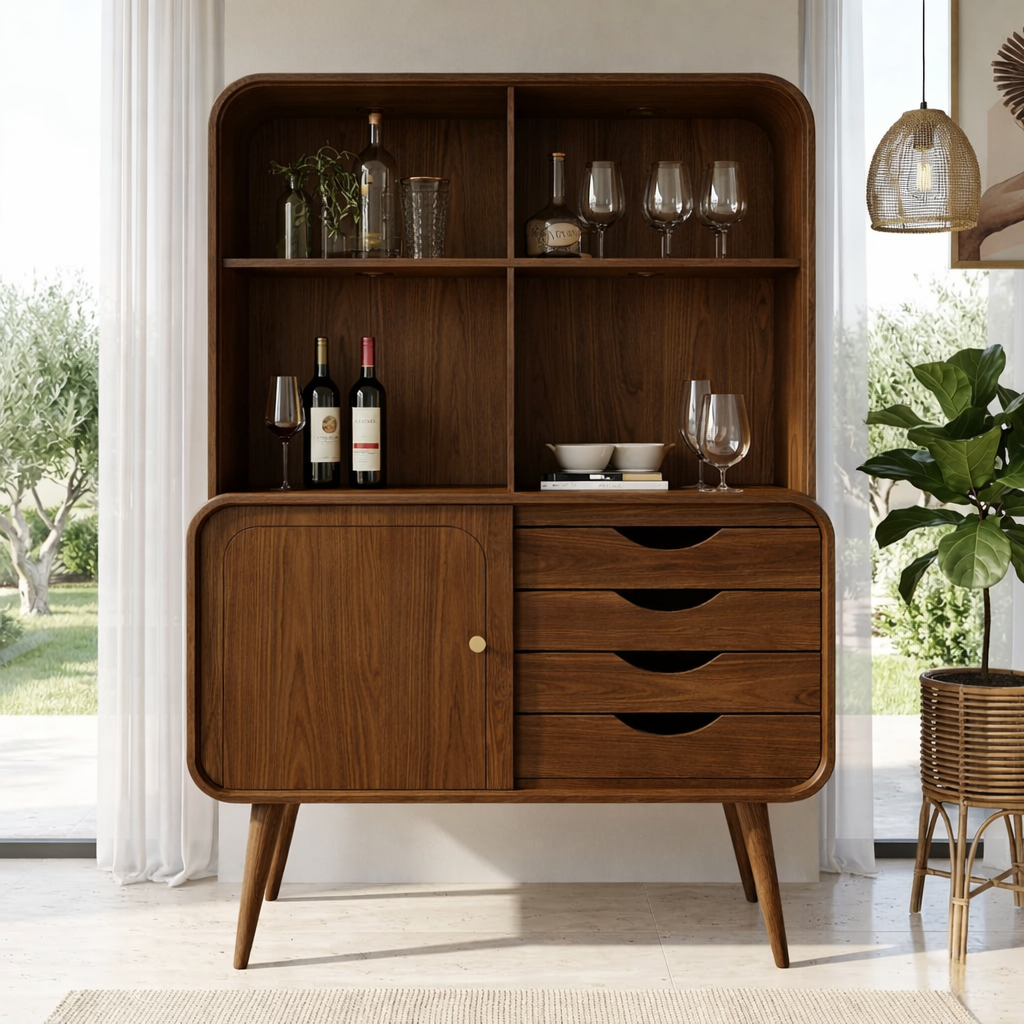 Modern Wine Cabinet with Open Shelves, Drawers and Concealed Storage Door
