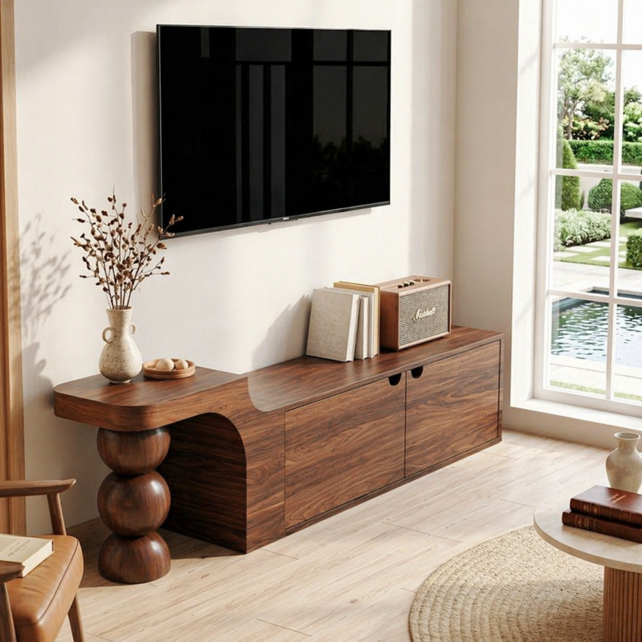 Modern Asymmetrical TV Console, Sculptural Media Cabinet for Elegant Home Interiors