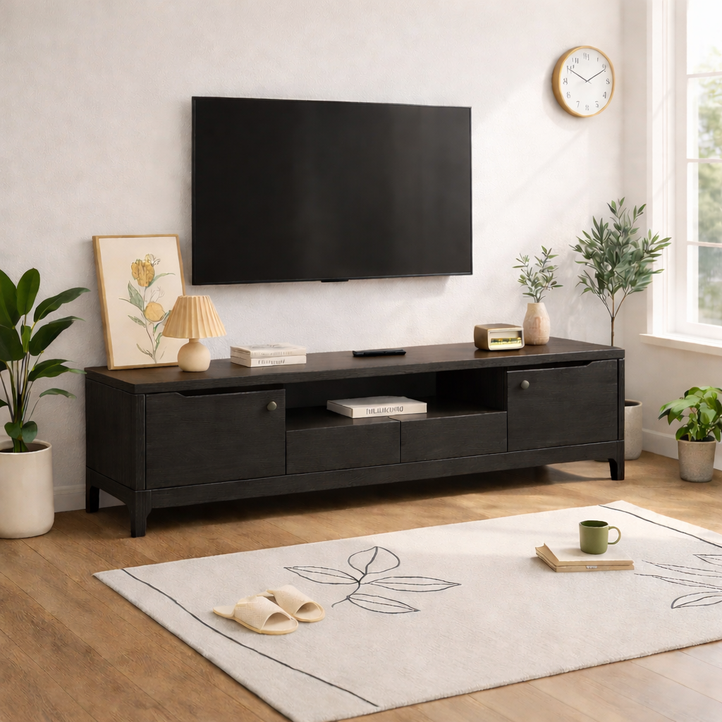 Modern Wood TV Stand Long Media Console With Storage Drawers Low Profile Entertainment Center