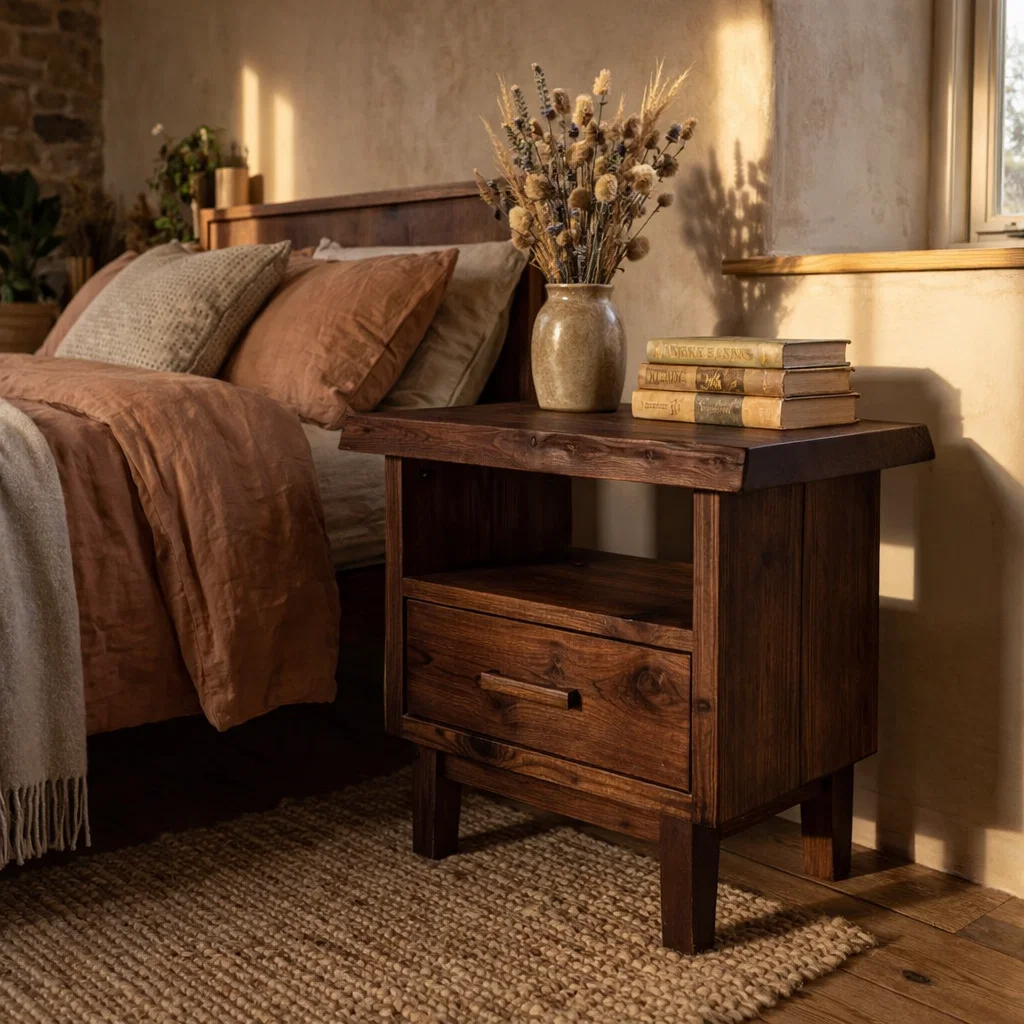 Rustic Solid Wood Nightstand with Drawer & Shelf – Farmhouse Bedside Table