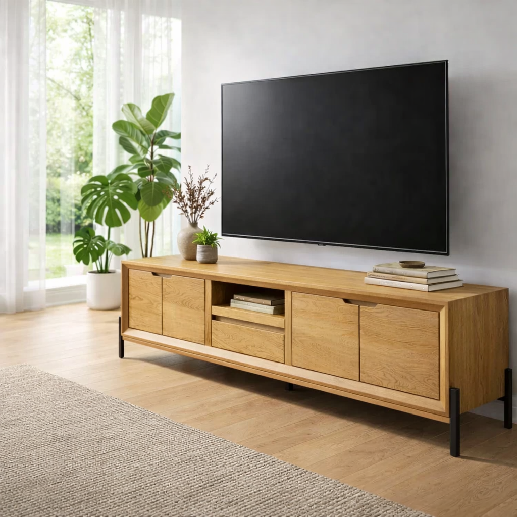 Solid Wood TV Console with Cabinets & Open Shelf – Modern Media Stand