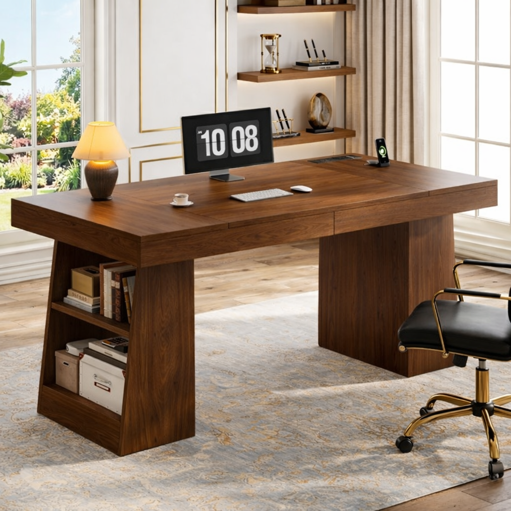 Modern Executive Desk with Built-in Storage and Spacious Work Surface