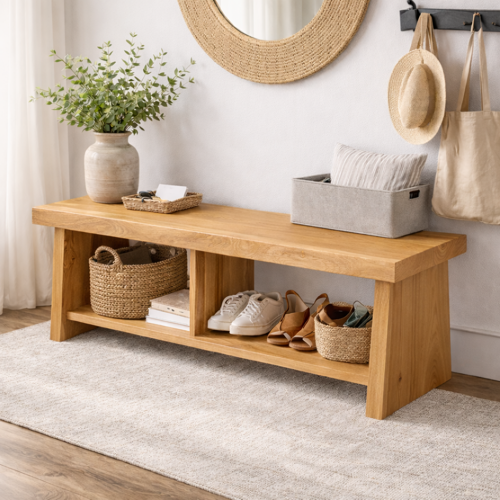 Solid Wood Entryway Bench with Storage | Rustic Hallway Bench with Open Shelves