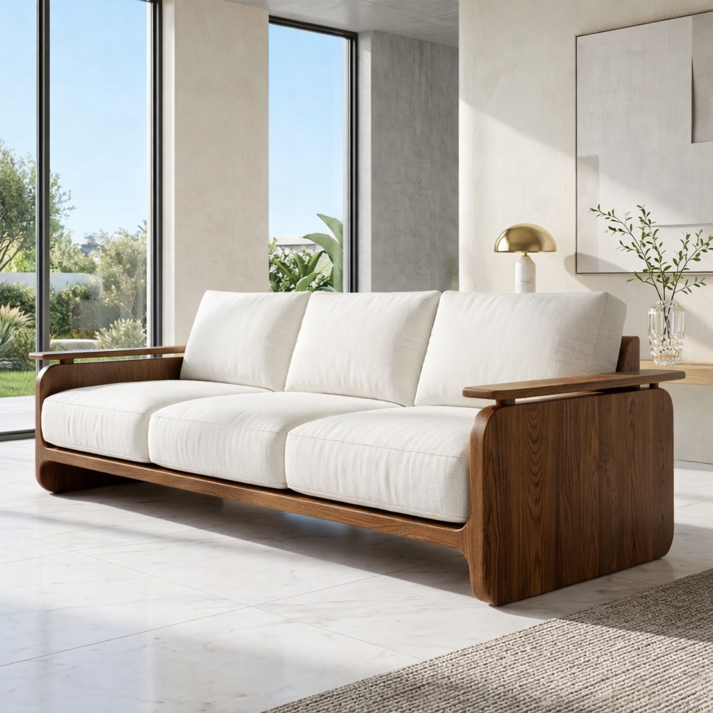 Modern Solid Wood Sofa with White Fabric Cushions Minimalist Japandi Living Room Couch