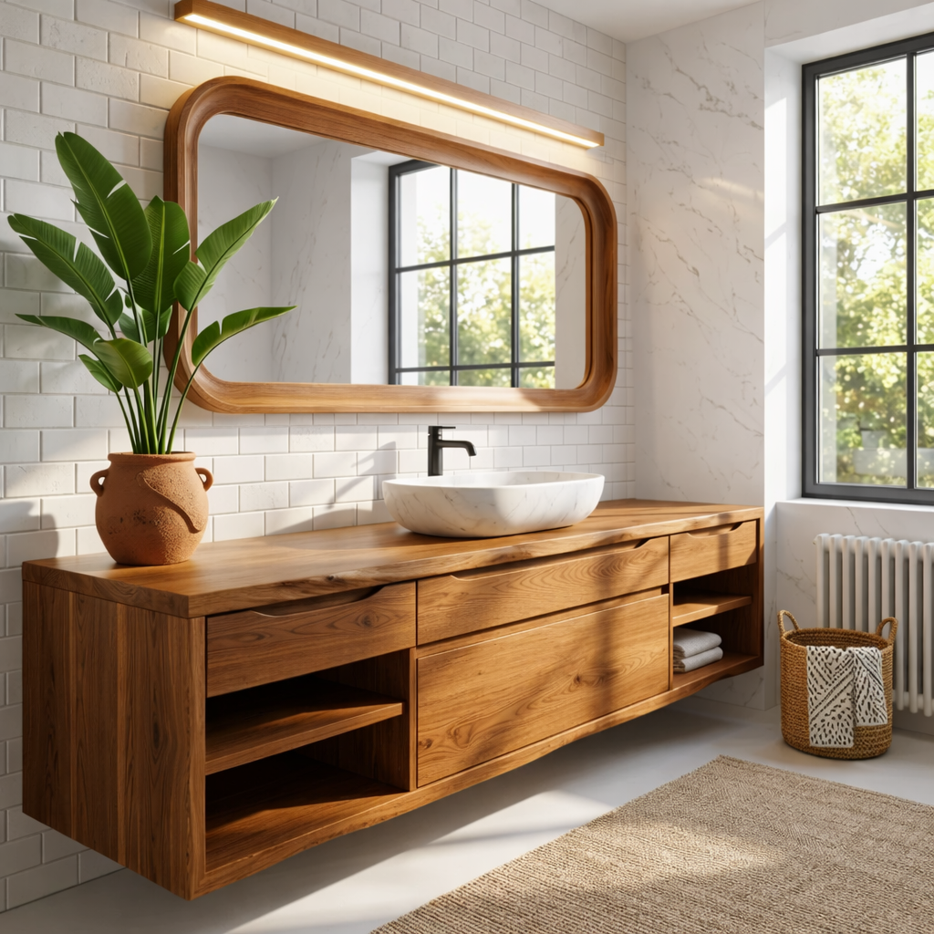 Oak Floating Vanity with Modern Design, Spacious Storage, and Sleek Marble Basin