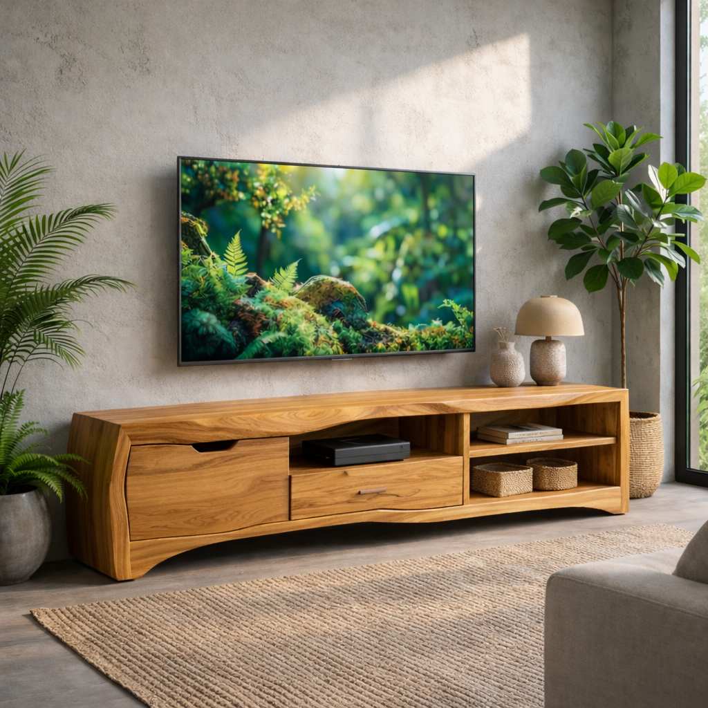 Modern Solid Wood TV Stand with Storage Drawers and Open Shelves – Living Room Media Console