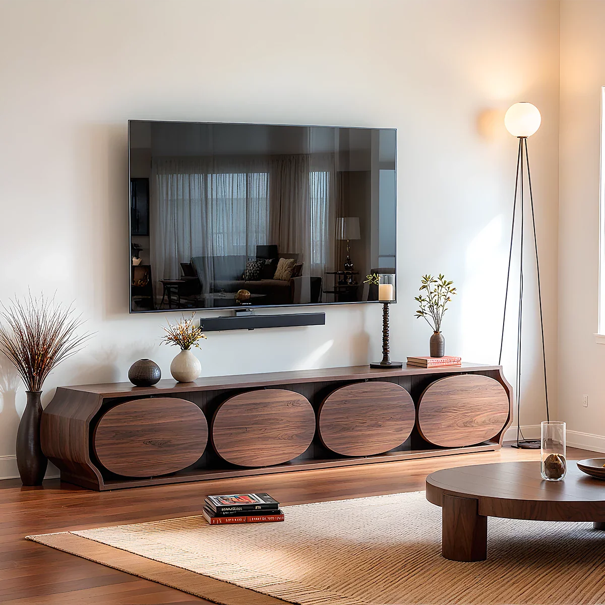 Solid Wood TV Stand Modern Walnut Media Console with Round Panel Doors and Storage