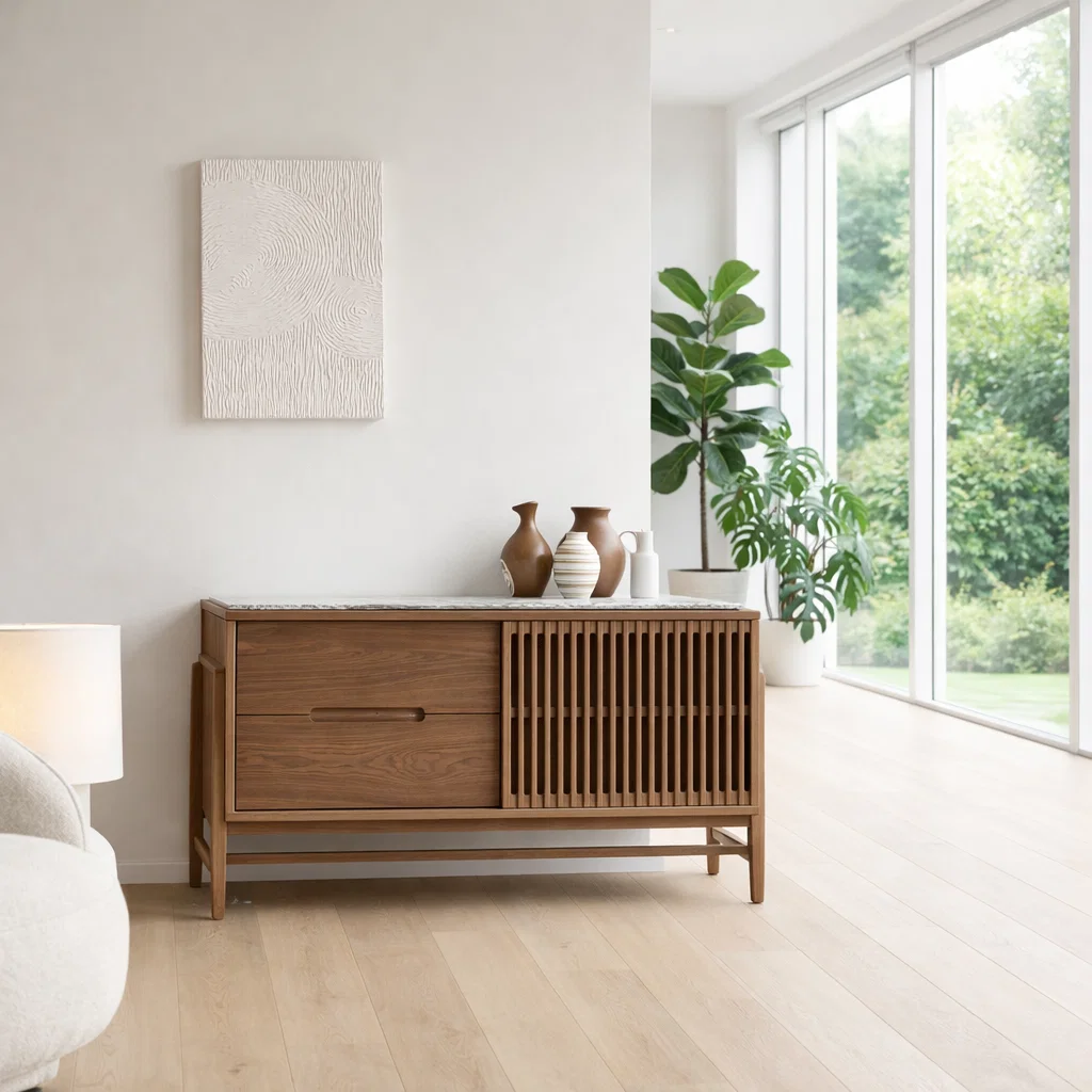 Modern Sideboard Cabinet with Slatted Door and Drawer – Minimal Storage Console