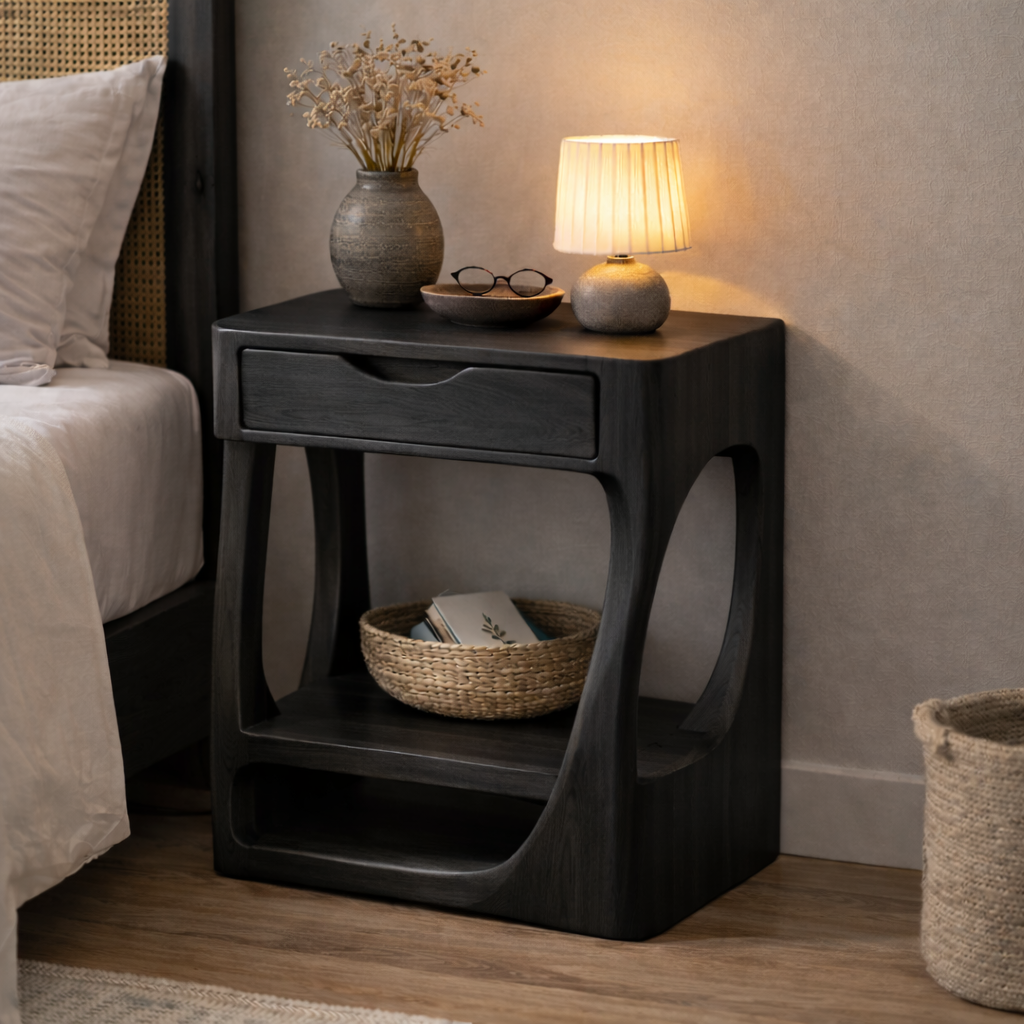 Solid Wood Nightstand with Open Shelf and Drawer – Modern Curved Bedside Table