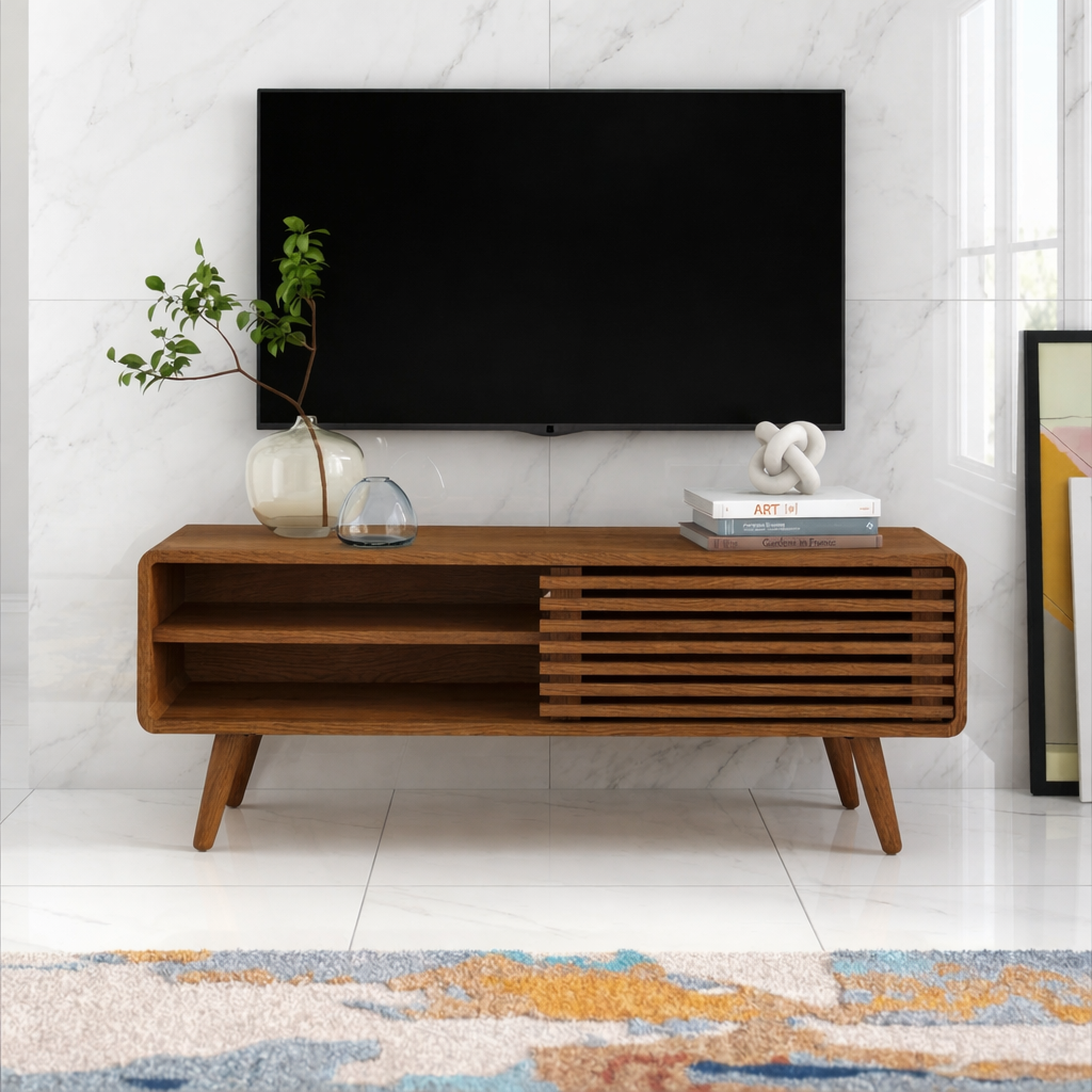 Modern Solid Wood TV Stand with Slatted Door Open Shelf Mid Century Media Console