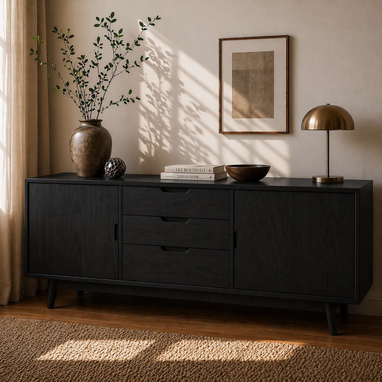 Mid Century Solid Wood Sideboard Cabinet with Drawers & Doors Storage