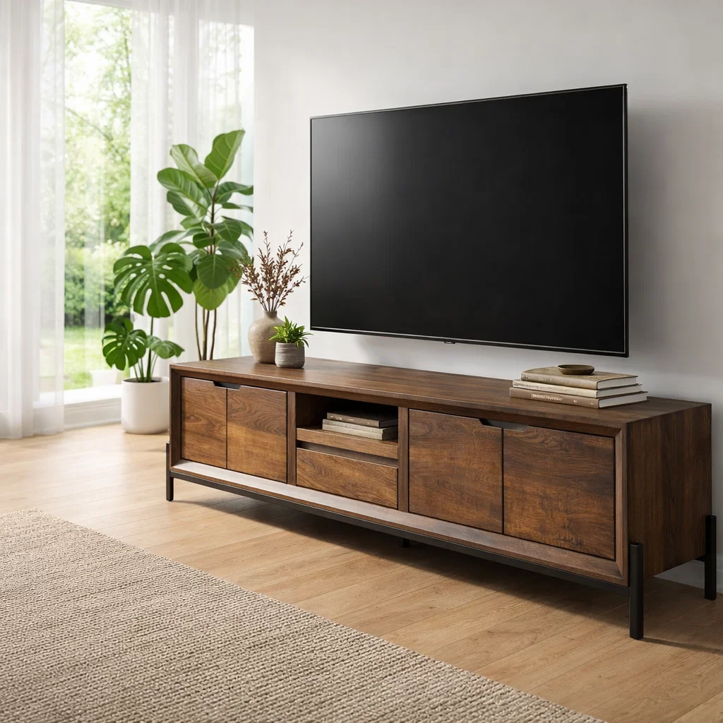 Solid Wood TV Console with Cabinets & Open Shelf – Modern Media Stand