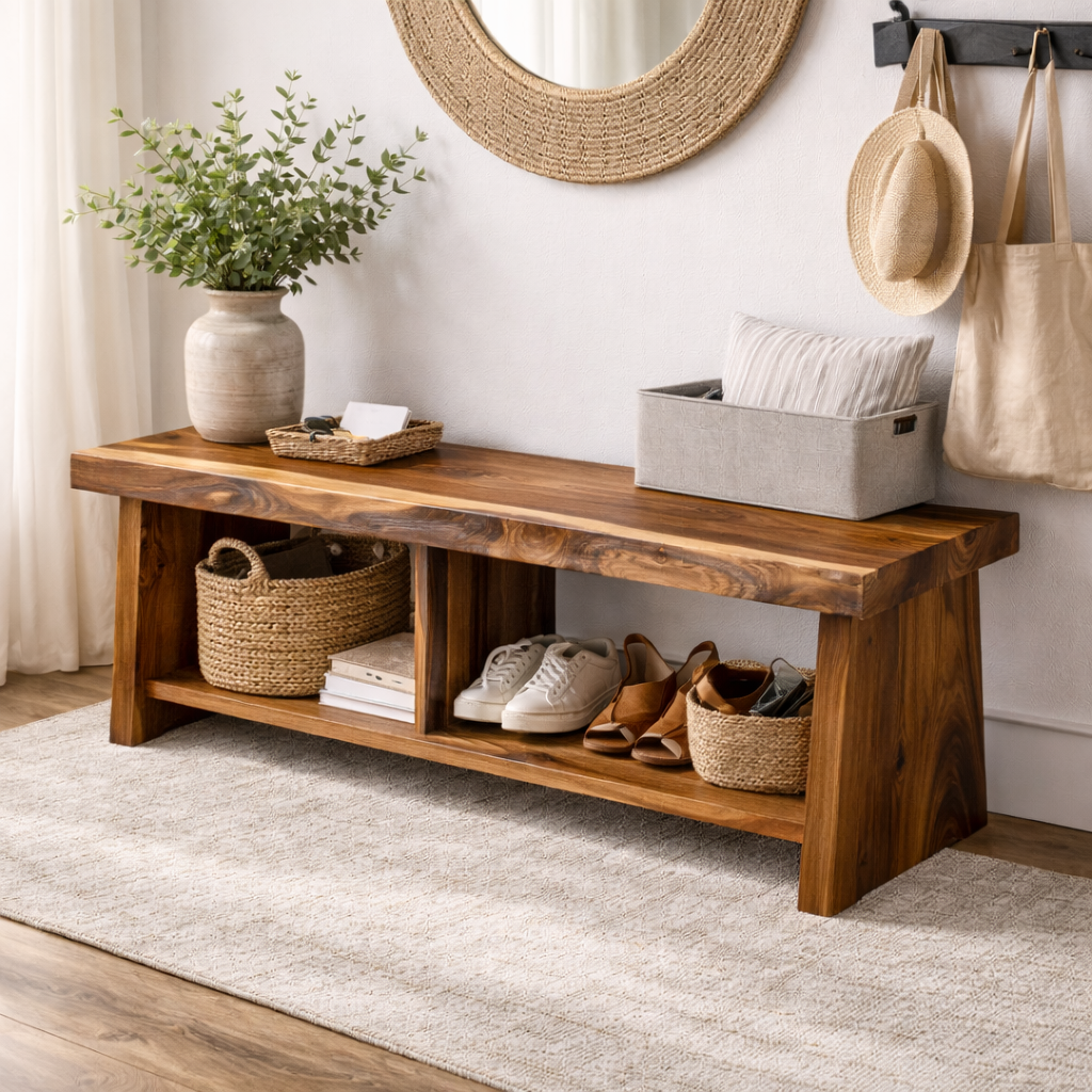 Solid Wood Entryway Bench with Storage | Rustic Hallway Bench with Open Shelves