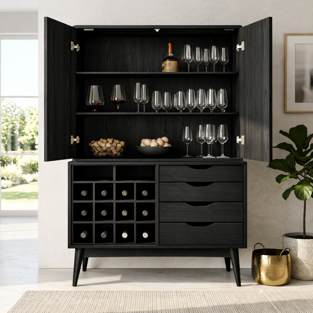 Modern Wine Bar Cabinet with Glass Storage, Bottle Rack and Drawer Organizer