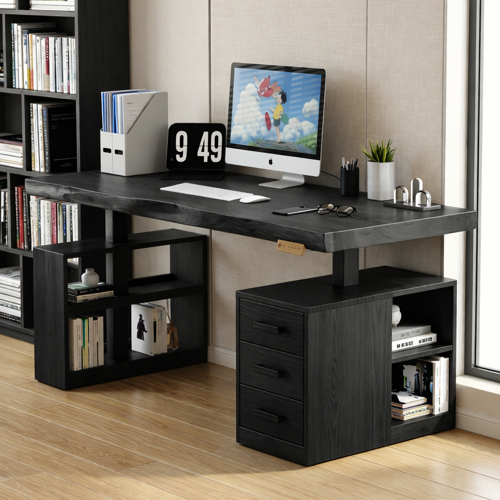 Modern Writing Desk with Drawers and Shelves, Home Office Computer Workstation Table