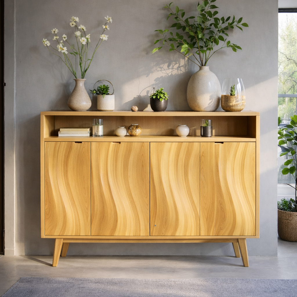Modern Solid Wood Console Cabinet with Open Shelf and Sculpted Wood Doors