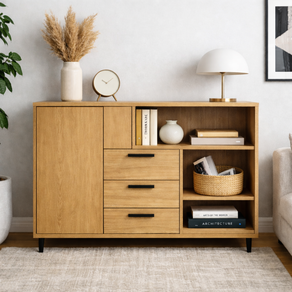 Modern Solid Wood Console Cabinet with Drawers, Door & Open Shelf Storage