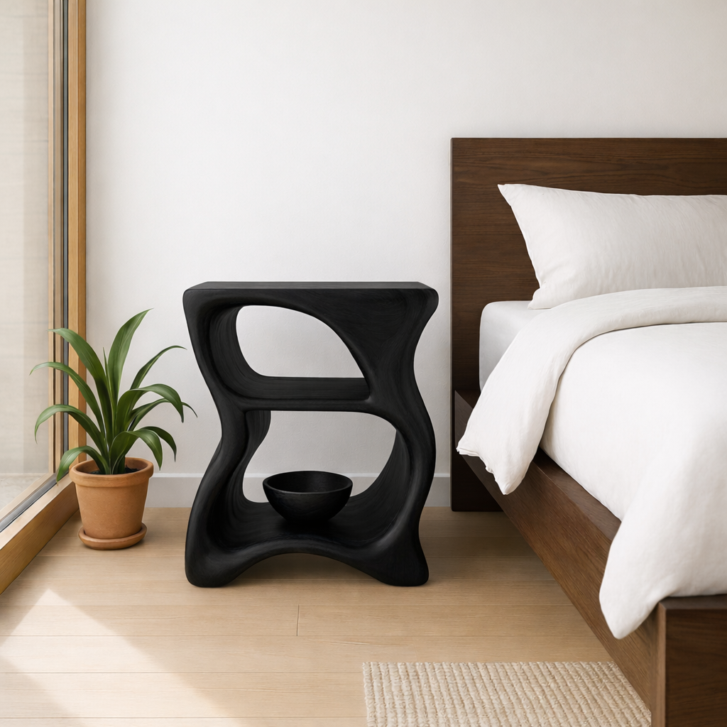 Modern Solid Wood Nightstand – Sculptural Wooden Bedside Table with Open Shelf